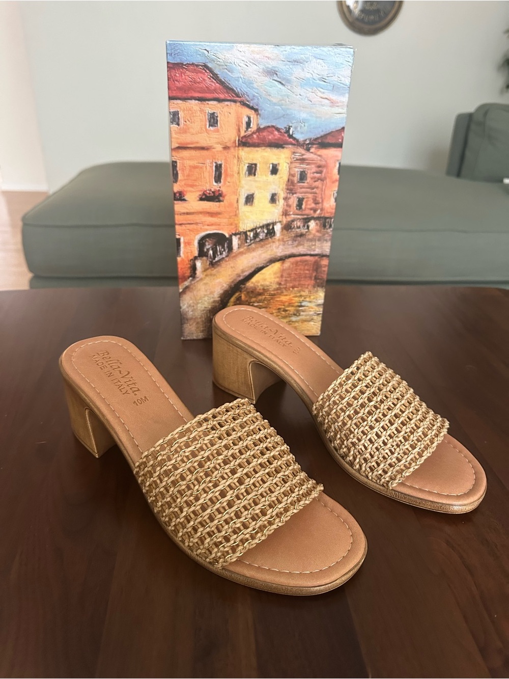 Bella Vita Woven Mule Sandals in Natural Tan & Gold